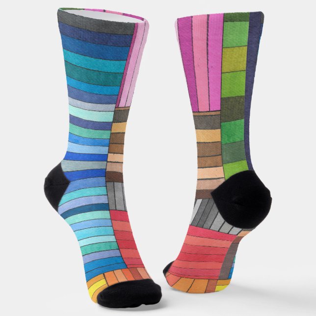 Colourful Geometric Striped Pattern in Rainbow  Socks (Angled)