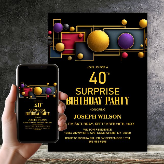 Colourful Geometric Surprise 40th Birthday Party Invitation (Creator Uploaded)