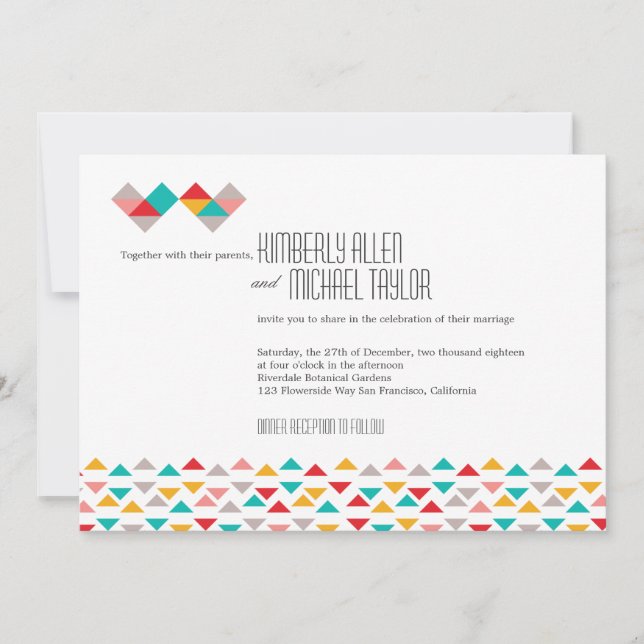 Colourful Geometric Triangle Hearts Wedding Invitation (Front)