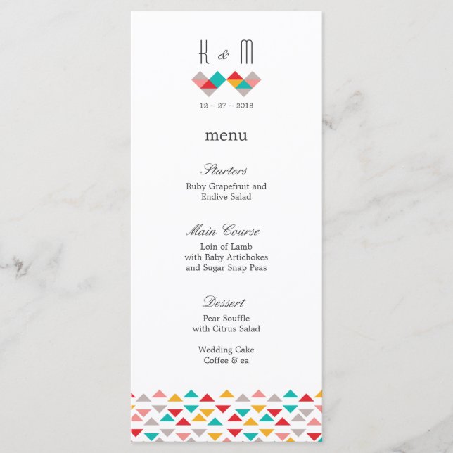 Colourful Geometric Triangle Hearts Wedding Menu (Front)