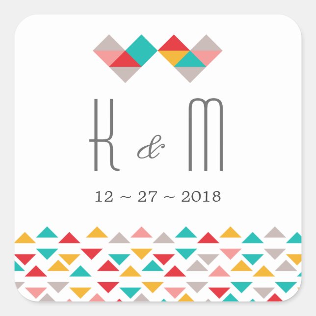 Colourful Geometric Triangle Hearts Wedding Square Sticker (Front)