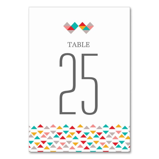 Colourful Geometric Triangle Hearts Wedding Table Number (Front)