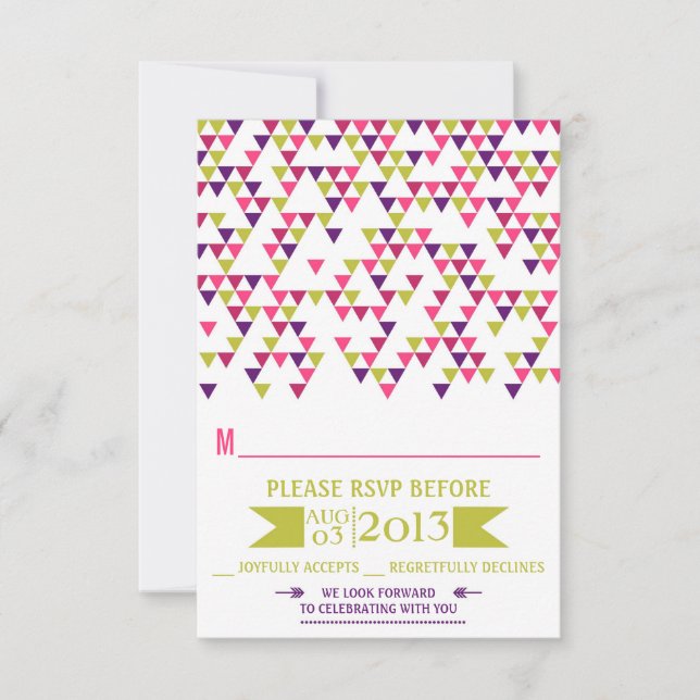 Colourful Geometric Triangles Mod Wedding RSVP Car Card (Front)