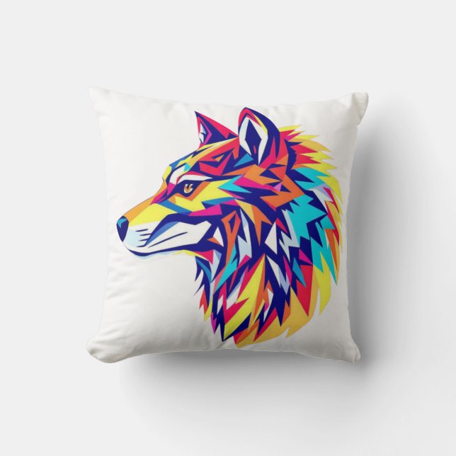 Colourful Geometric Wolf Throw Pillow (Front)