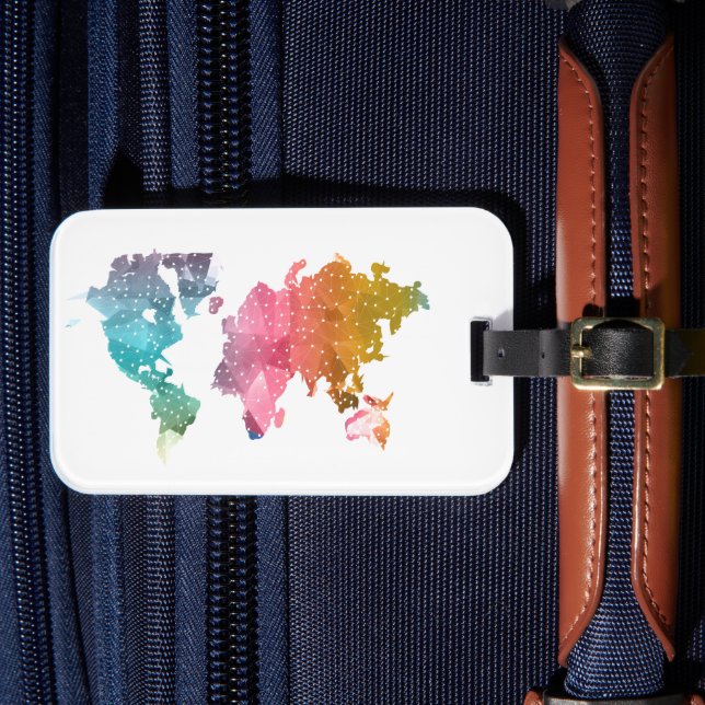 Colourful Geometric World Map – Trendy  Luggage Tag (Front Insitu 4)