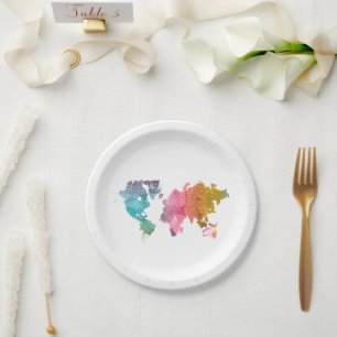 Colourful Geometric World Map  – Trendy  Paper Plate