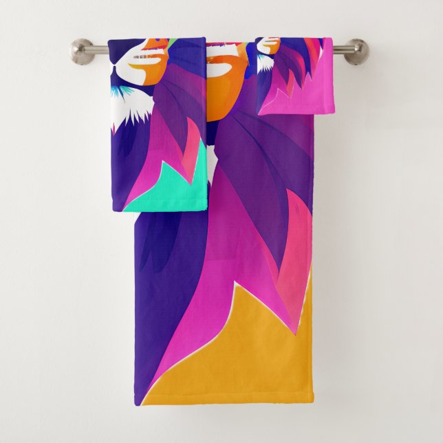 Colourful Geometrical Lion Head Bath Towel Set (Insitu)