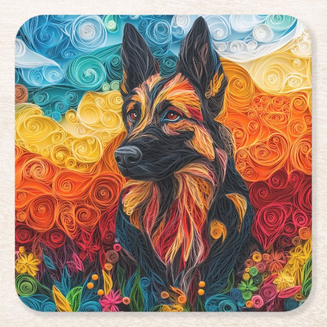 Colourful German Shepherd Dog Portrait Square Paper Coaster (Front)