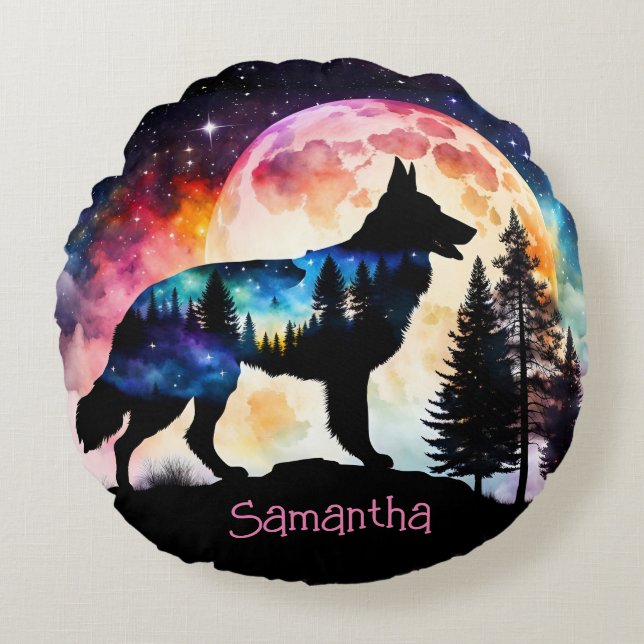 Colourful German Shepherd Silhouette *Personalise* Round Cushion (Front)