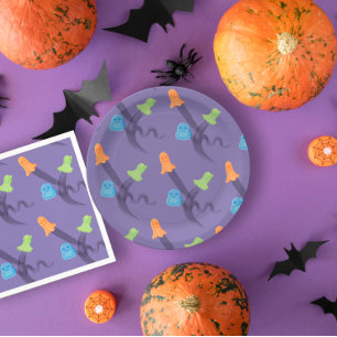 Colourful ghosts in lilac Halloween party Paper Plate