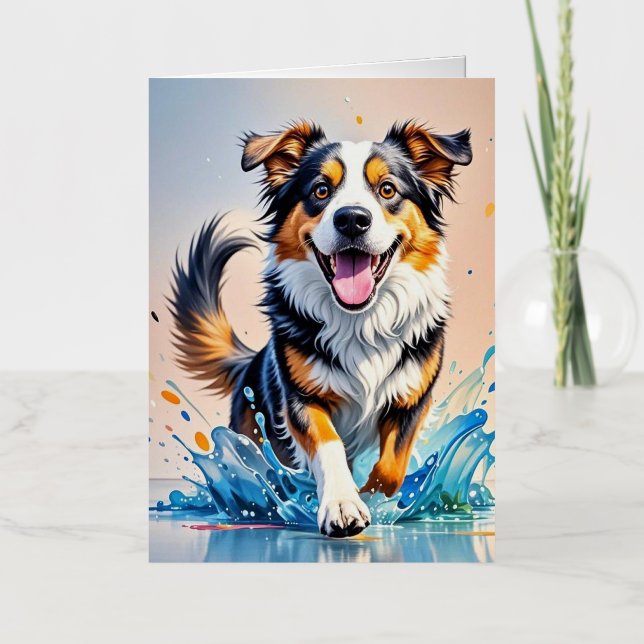 Colourful giant happy playful funny dog, splash foil greeting card (Front)