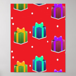 Colourful gift boxes on red poster