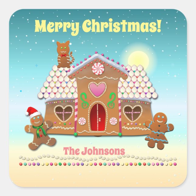 Colourful Gingerbread House With A Cat On The Roof Square Sticker (Front)