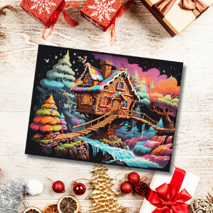 Colourful gingerbread treehouse christmas holiday postcard