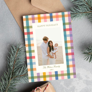 Colourful Gingham Happy Holidays Family Photo Holiday Card