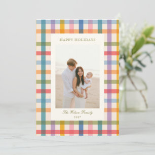 Colourful Gingham Happy Holidays Family Photo Holiday Card