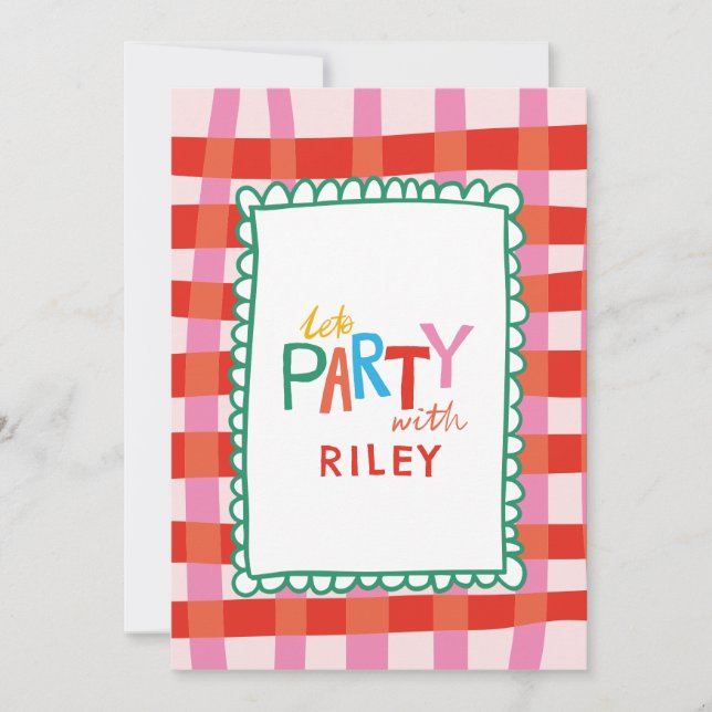 Colourful Gingham "Let’s Party" Custom Name Kids Invitation (Front)