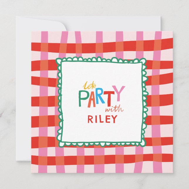Colourful Gingham "Let’s Party" Custom Name Kids Invitation (Front)