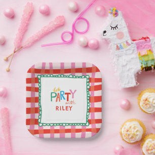 Colourful Gingham "Let’s Party" Custom Name Kids Paper Plate