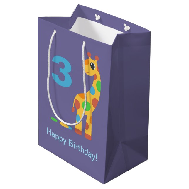 Colourful Giraffe Happy Birthday Custom Age Purple Medium Gift Bag (Back Angled)