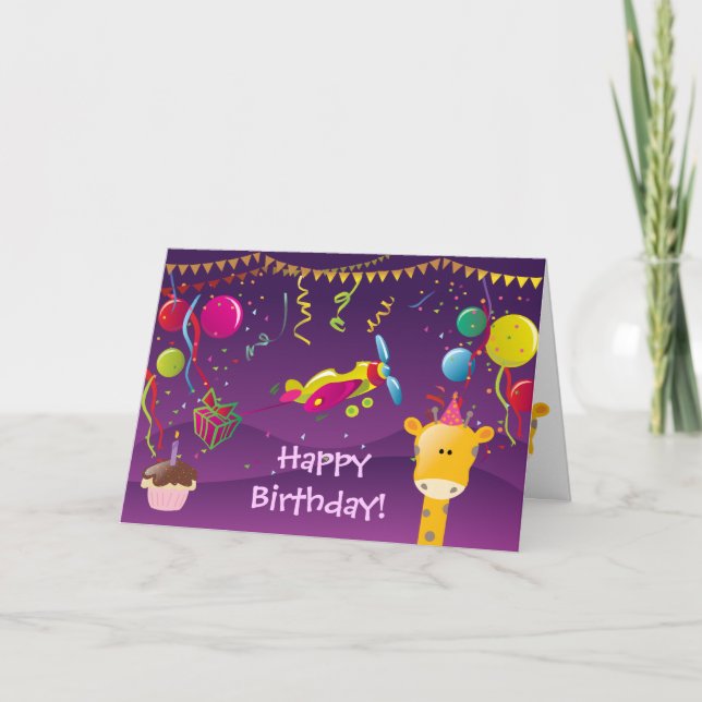 Colourful Giraffe, Plane, Cake & Balloons Birthday Card (Front)