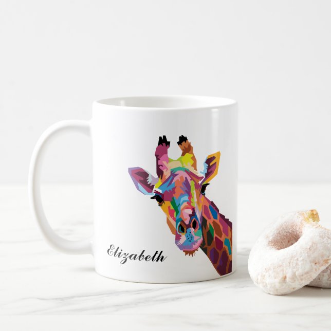 Colourful Giraffe Pop Art Personalised Coffee Mug (With Donut)