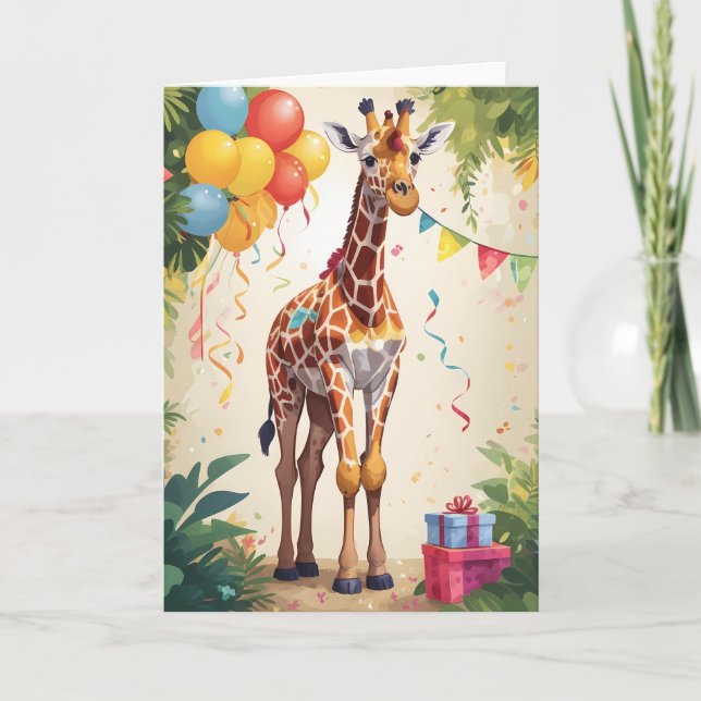 Colourful Giraffe with Balloons in Jungle | Card (Front)