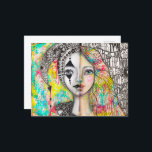 Colourful Girl Jester Black White Fun Whimsical Ar Postcard<br><div class="desc">This whimsical art postcard was created from my original painting of a cool artsy girl with fun black and white quirky hand lettering on the front and a black and white artistic jester girl covered in modern doodles with a bright, colourful background with shades of bright yellow, turquoise blue green,...</div>
