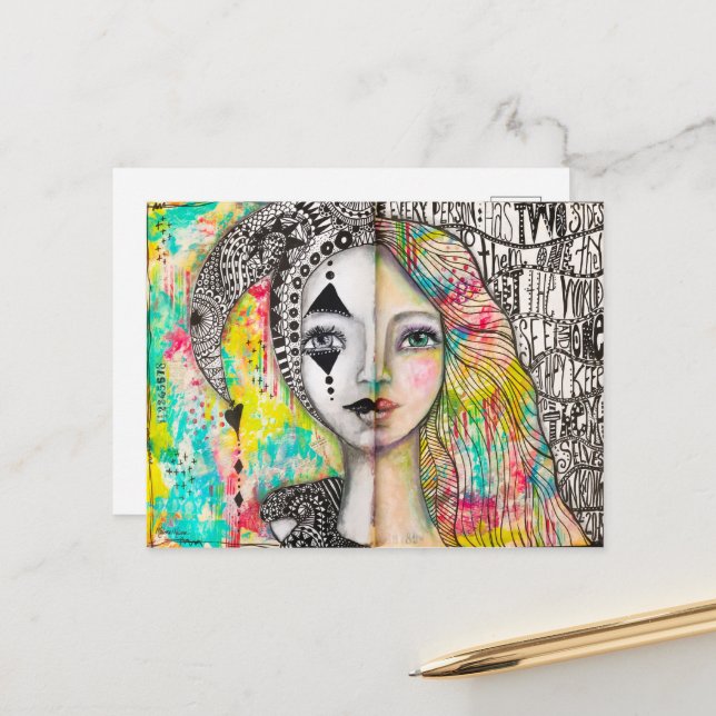 Colourful Girl Jester Black White Fun Whimsical Ar Postcard (Front/Back In Situ)