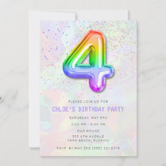 Colourful Girl's 4th Birthday Balloon Party Invitation