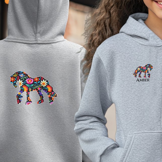 Colourful Girls Floral Horse Hooded Sweatshirt  (Youth floral draft horse hoodie in gray)