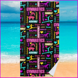 Colourful Girls Gymnastics Glossary Typography  Beach Towel