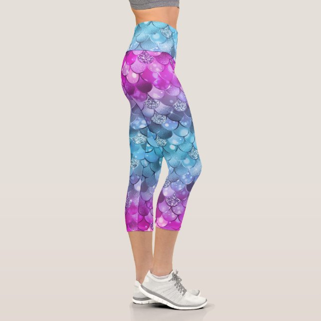 Colourful Girly Mermaid Glitter Scale Pattern Capri Leggings (Right)