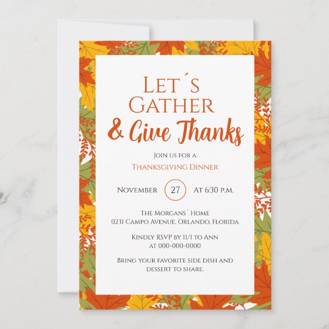 Colourful Give Thanks Fall Leaves Thanksgiving Invitation (Front)