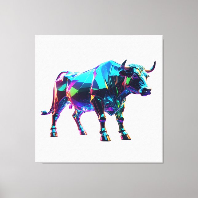 Colourful Glass Bull Digital Art – Vibrant Neon 3D Canvas Print (Front)