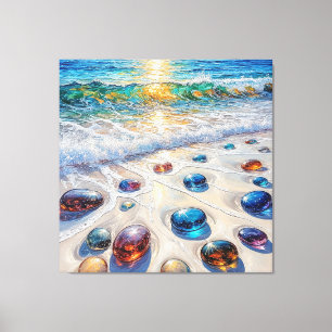 Colourful Glass Stones by the Ocean Waves Canvas Print