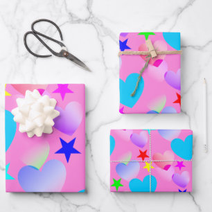 Colourful Gliding Hearts 'n Stars Wrapping Paper Sheet