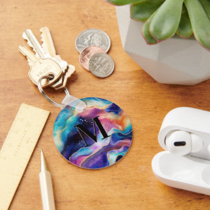 Colourful Glitter Agate Pattern Monogram Key Ring