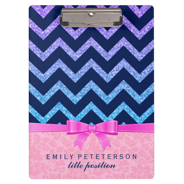 Colourful Glitter Blue Chevron Pink Damasks Clipboard (Front)