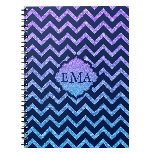 Colourful Glitter Blue Chevron Zigzag Pattern Spiral Notebook (Front)