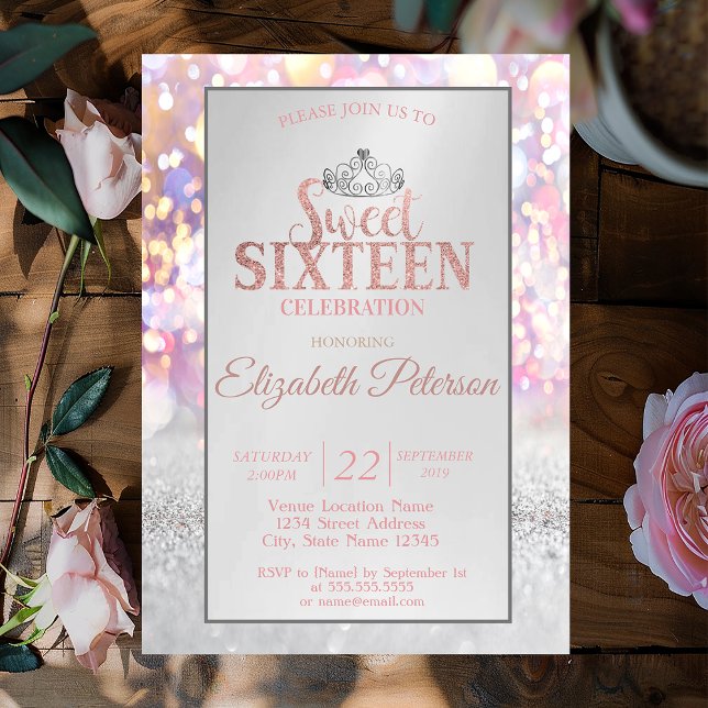Colourful Glitter Bokeh Ombre,Tiara Sweet 16 Party Invitation (Creator Uploaded)