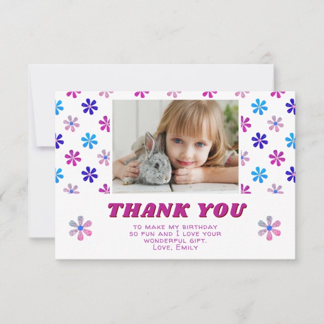 Colourful Glitter Flowers Birthday Girl Photo Thank You Card (Front)