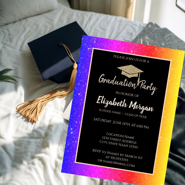 Colourful Glitter Gold Graduation Cap Invitation (Creator Uploaded)