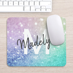 Colourful Glitter Pretty Bokeh Monogrammed Mouse Pad