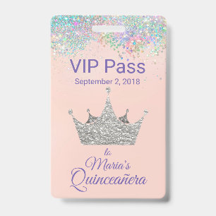 Colourful Glitter Silver Crown Quinceañera VIP ID Badge