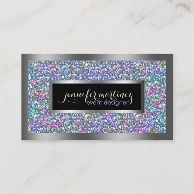 Colourful Glitter & Sparkles Silver Accents Business Card (Front)