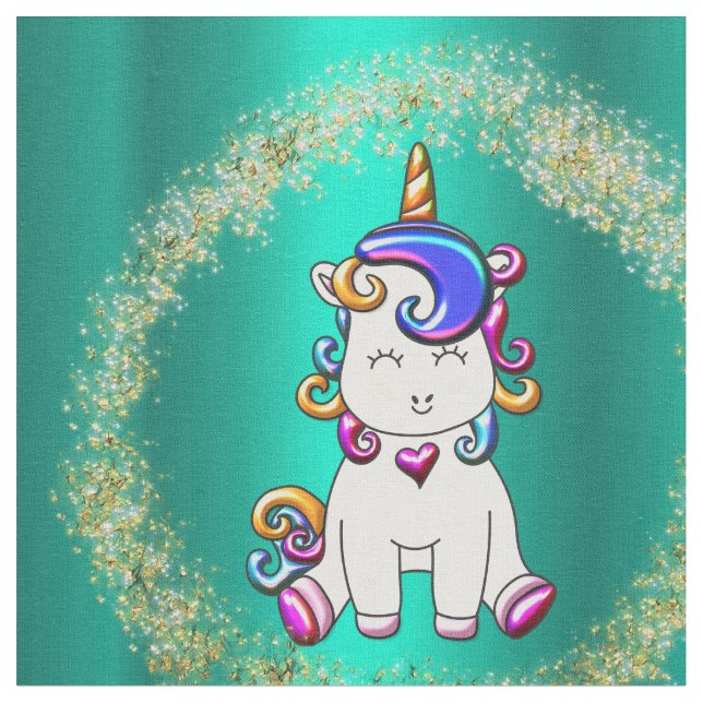 Colourful Glitter Teal Unicorn Fabric (Close Up)