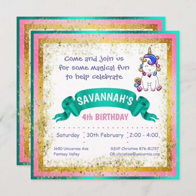 Colourful Glitter Unicorn Invitation (Front/Back)