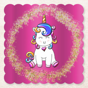 Colourful Glitter Unicorn Pink Paper Coaster