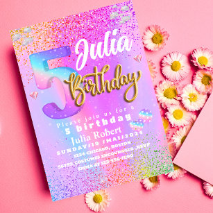 colourful Glitter Unicorn Rainbow Five birthday  Invitation